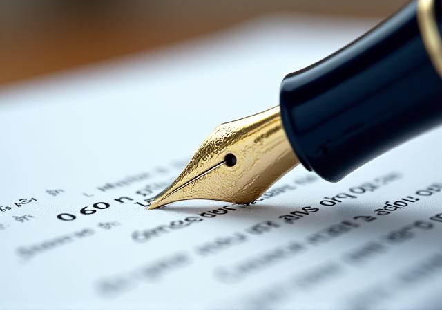 Close-up of a fountain pen reflecting on a legal document in a London office